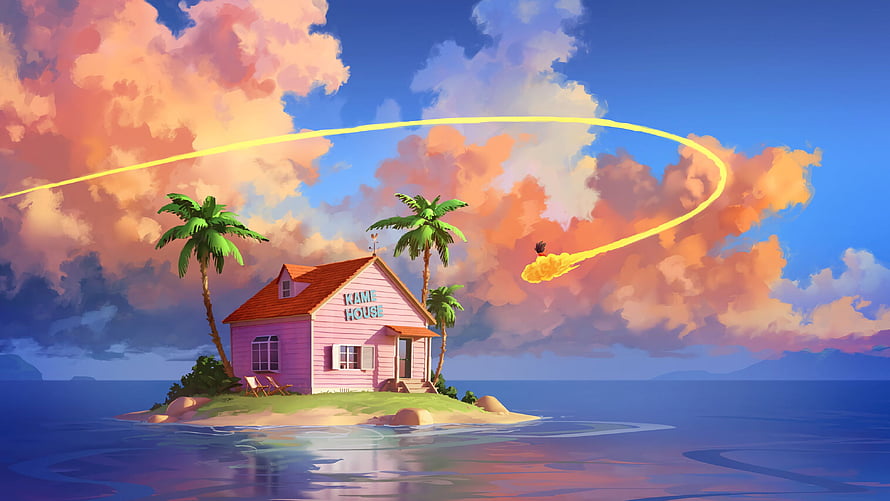 Kame House on a Tropical Island with a Flying Dragon Ball Trail in a Vibrant Sky HD wallpaper