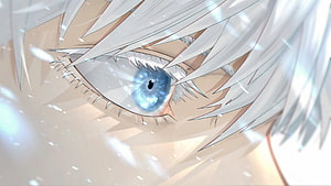 Gojo Satoru Anime Close-Up: Piercing Blue Eyes and White Hair in Soft Light HD wallpaper