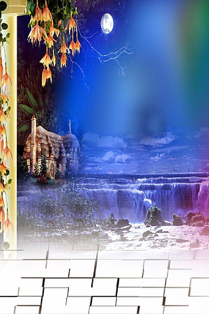 Enchanted Cottage by Moonlit Waterfall with Hanging Fuchsia Flowers HD phone wallpaper