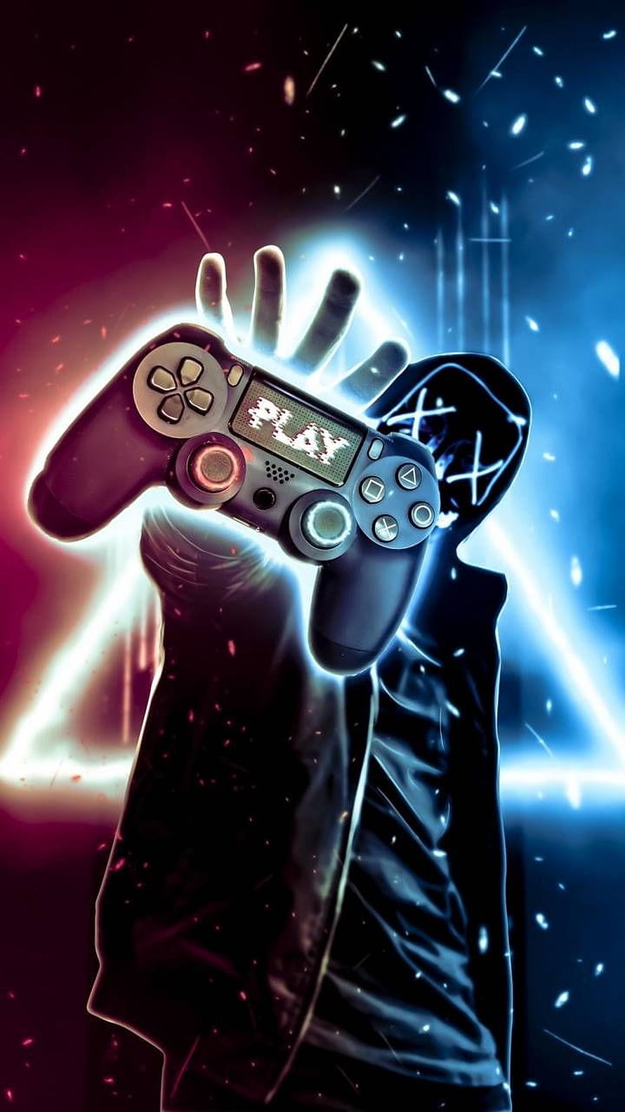 Gaming Controller Held by Silhouette with Neon Glow and Sparkling Background HD phone wallpaper