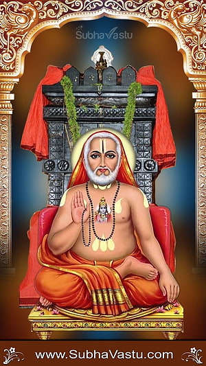 Raghavendra Swamy seated in meditation with sacred shiva lingam and ornate golden temple arch HD phone wallpaper