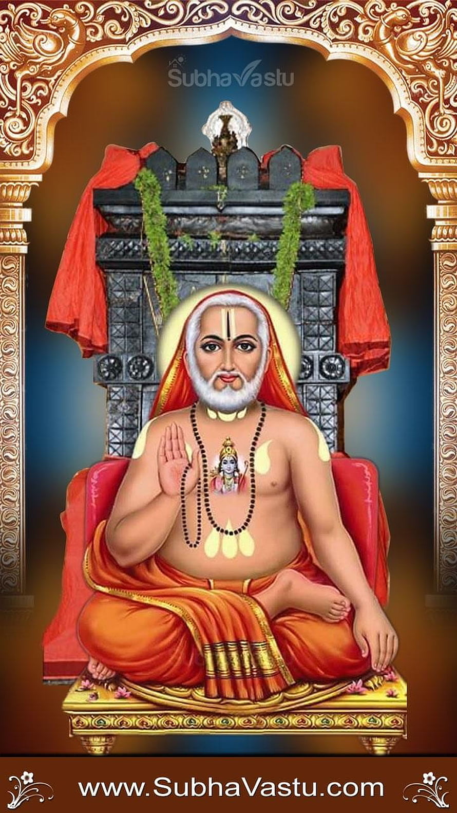 Raghavendra Swamy seated in meditation with sacred shiva lingam and ornate golden temple arch HD phone wallpaper