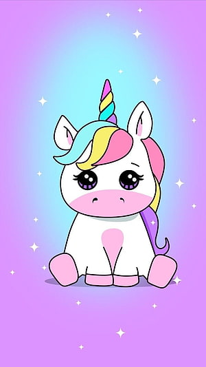 Cute Cartoon Baby Unicorn with Rainbow Mane and Sparkling Purple Background HD phone wallpaper