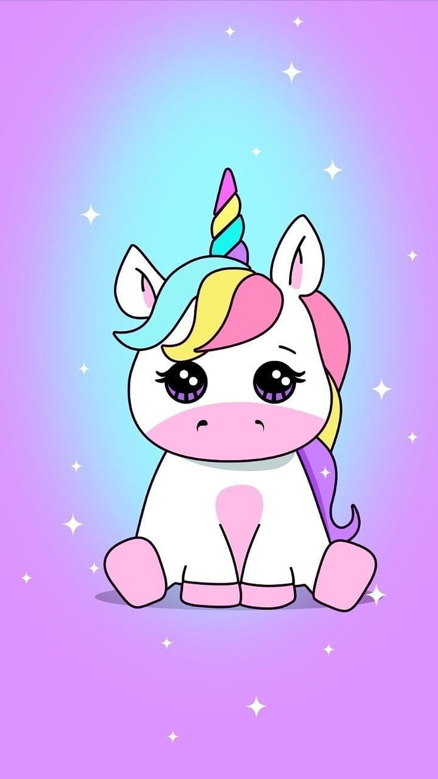 Cute Cartoon Baby Unicorn with Rainbow Mane and Sparkling Purple Background HD phone wallpaper