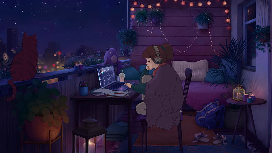 Cozy Anime Girl Working on Laptop at Night in a Plant-Filled Balcony Room HD wallpaper