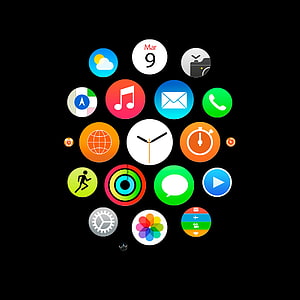 Apple Watch Infographic Face with App Icons and Analog Clock on Black Background HD phone wallpaper