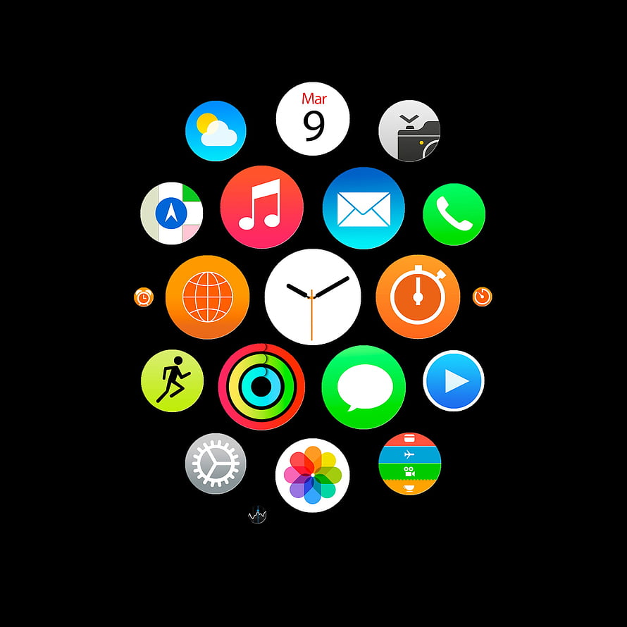 Apple Watch Infographic Face with App Icons and Analog Clock on Black Background HD phone wallpaper