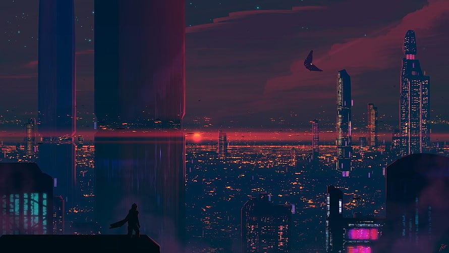 Cyberpunk Cityscape at Dusk with Silhouetted Figure on Rooftop HD wallpaper