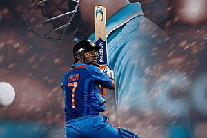 MS Dhoni in Blue India Jersey Holding Reebok Cricket Bat with Helmet and Number 7 HD wallpaper