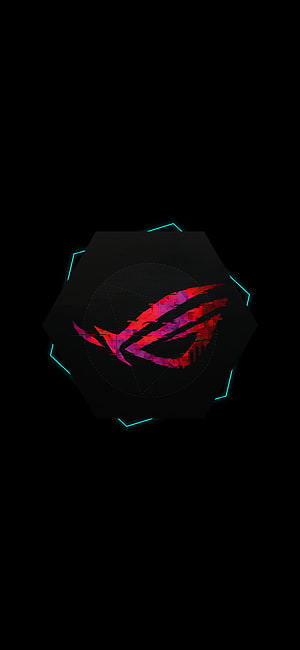 Asus ROG Glitch Logo on Black Hexagon with Cyan Neon Outline HD phone wallpaper