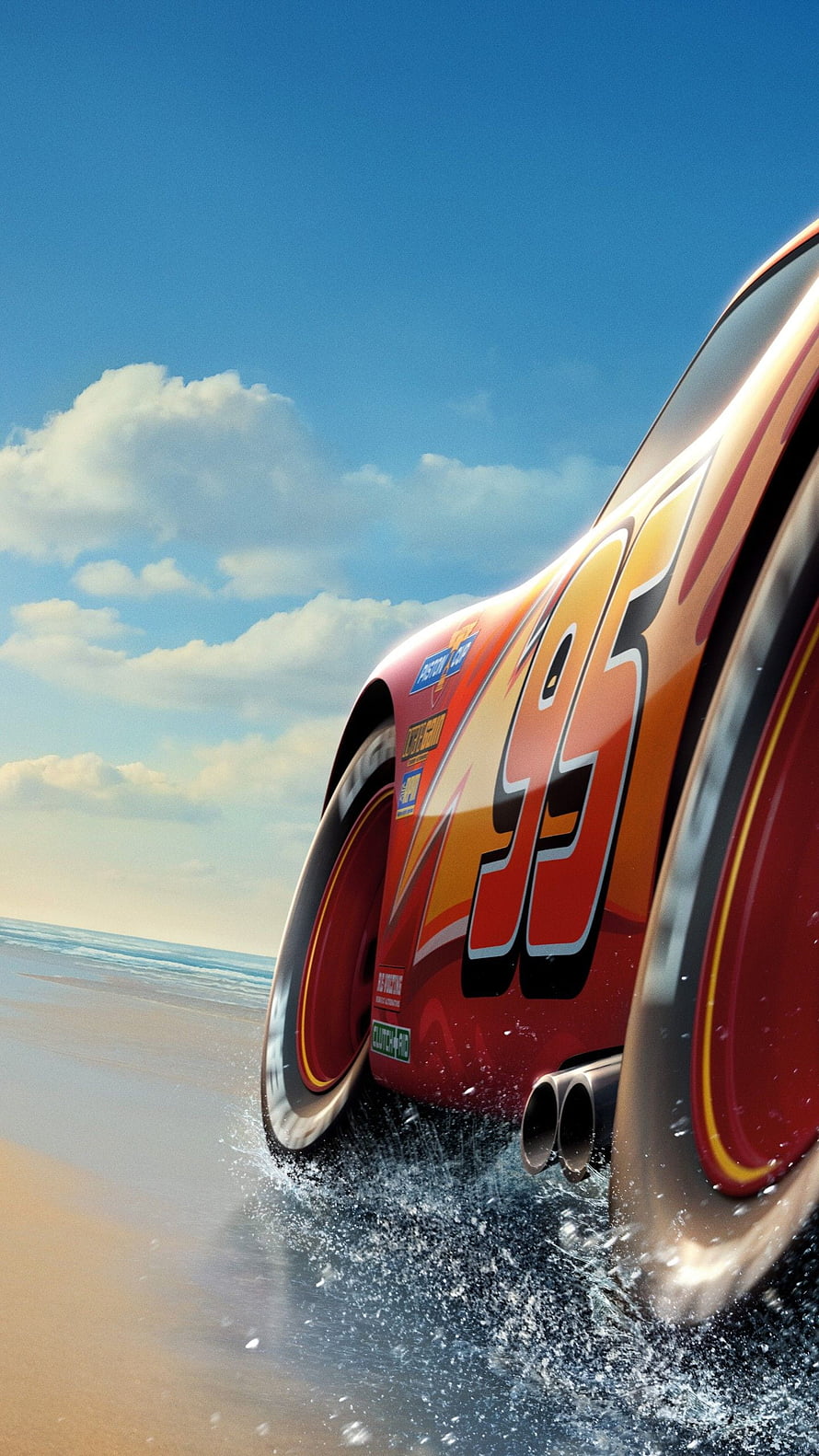 Lightning McQueen from Cars 3 Racing Along the Beach with Water Splashes HD phone wallpaper
