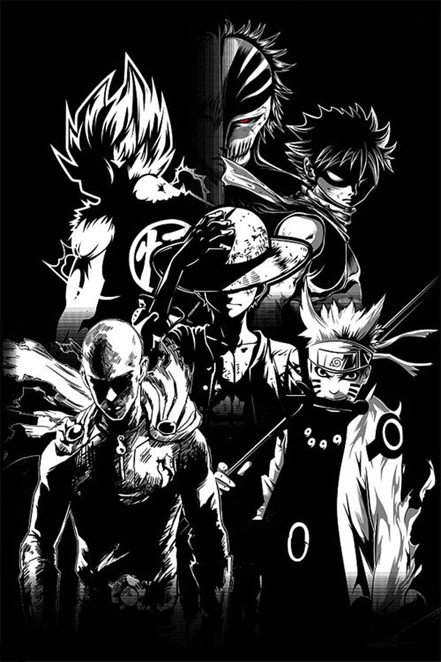 Monochrome Anime Villain Group Portrait with Roronoa Zoro and Naruto Characters HD phone wallpaper