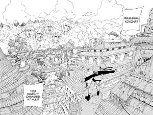 Naruto manga panel showing the Hidden Leaf Village and giant stone faces HD wallpaper