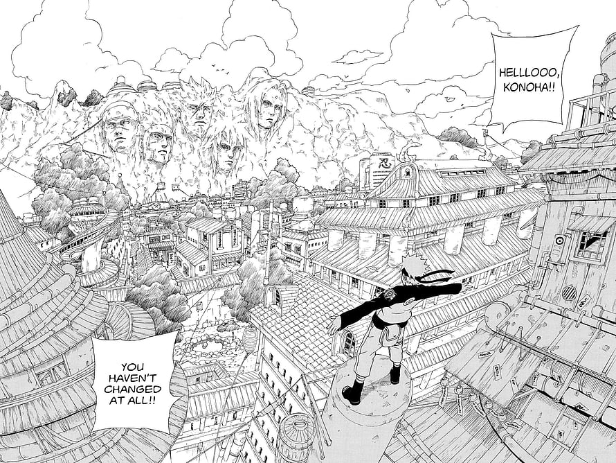 Naruto manga panel showing the Hidden Leaf Village and giant stone faces HD wallpaper