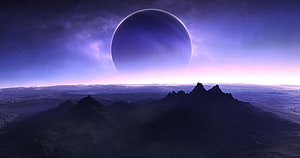 Vast alien landscape with towering mountains beneath a massive purple planet in a starry twilight sky HD wallpaper
