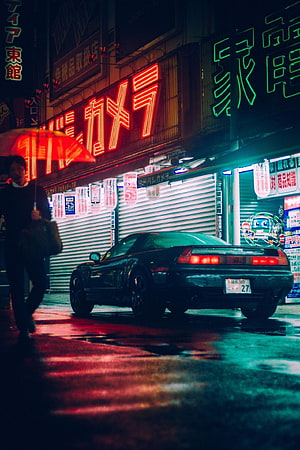 Retro Japanese Street Scene with Neon Signs and Classic Car at Night HD phone wallpaper