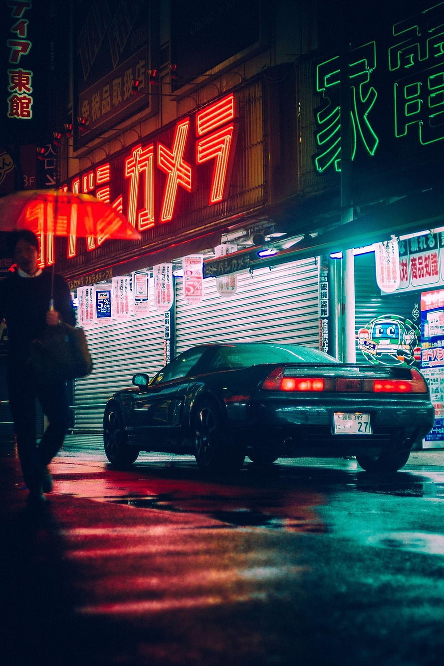 Retro Japanese Street Scene with Neon Signs and Classic Car at Night HD phone wallpaper