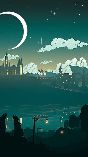 Genshin Impact Minimalist Night Landscape with Crescent Moon and Castle Silhouettes HD phone wallpaper