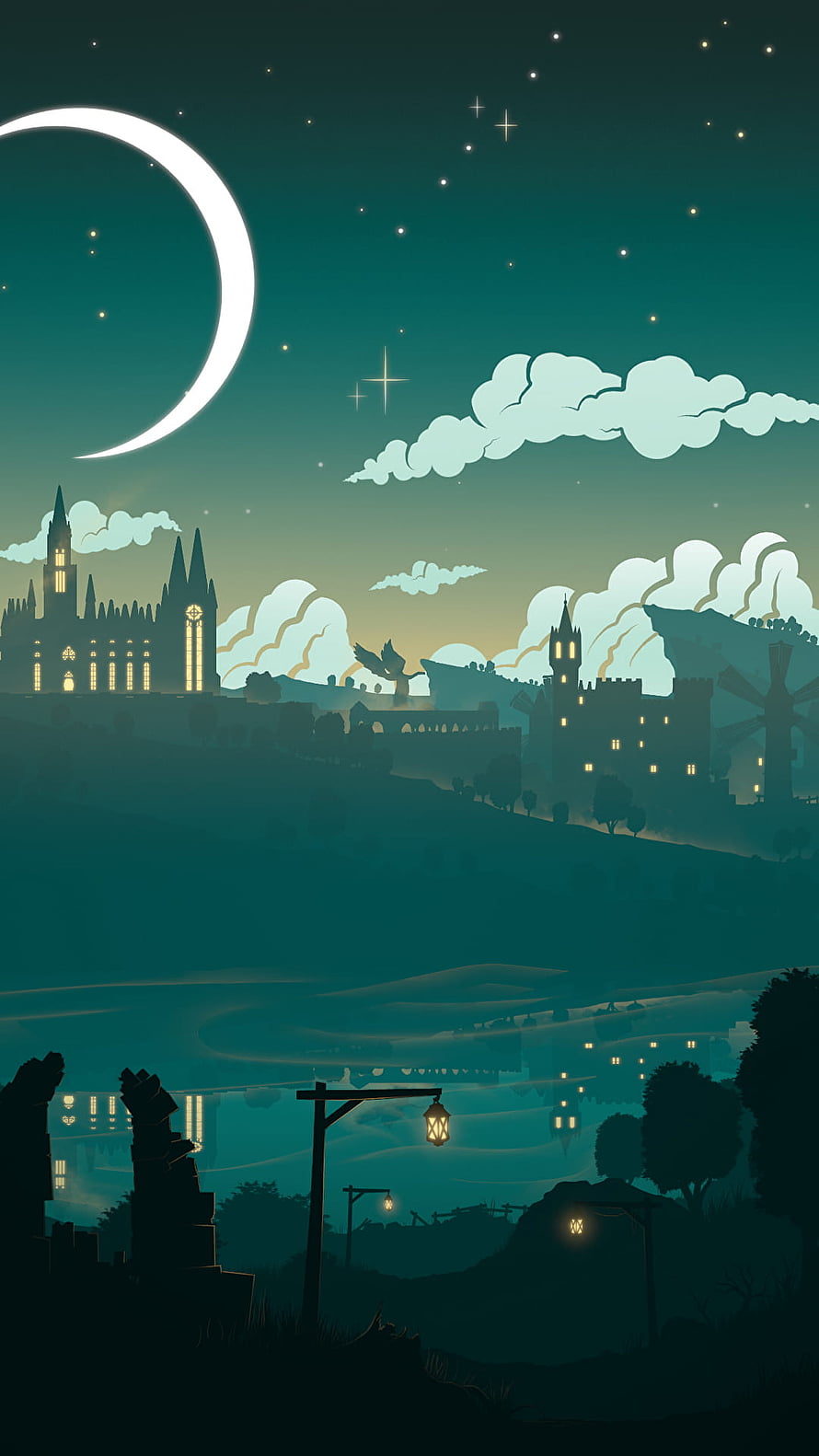Genshin Impact Minimalist Night Landscape with Crescent Moon and Castle Silhouettes HD phone wallpaper