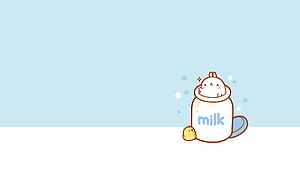 Molang Peeking Out of a Milk Bottle with a Tiny Chick on a Pastel Blue Background HD wallpaper