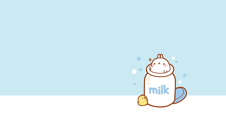 Molang Peeking Out of a Milk Bottle with a Tiny Chick on a Pastel Blue Background HD wallpaper