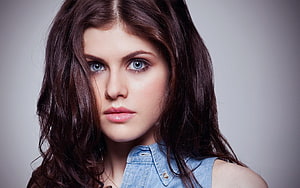 Alexandra Daddario Portrait with Dark Hair and Blue Eyes in Denim Top HD wallpaper