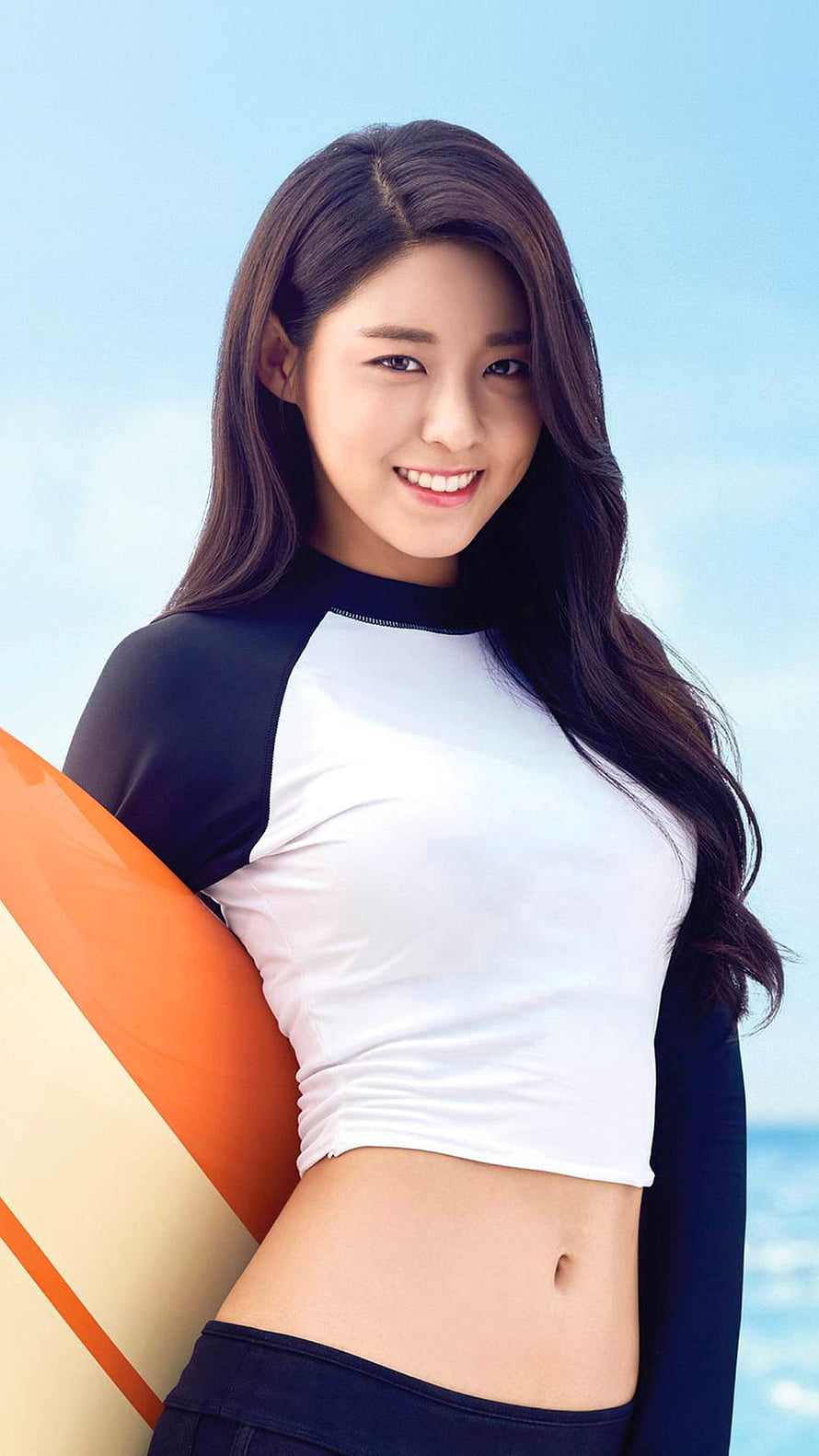 Seolhyun in a white and black surf top holding an orange surfboard at the beach HD phone wallpaper