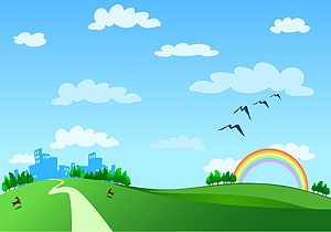 Colorful Cartoon Landscape with Rainbow, Rolling Hills, and City Skyline for Kids HD wallpaper