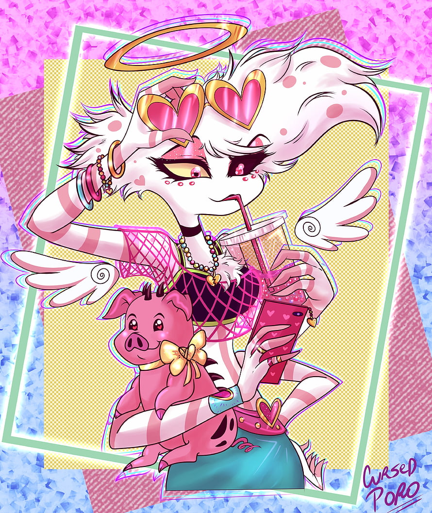 Angel Dust and Fat Nuggets from Hazbin Hotel in a vibrant pink and gold digital illustration HD phone wallpaper