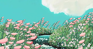 Studio Ghibli Animated Meadow With Pink Flowers And Stream Under Turquoise Sky HD wallpaper