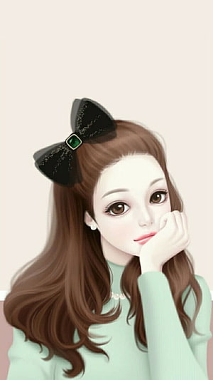 Korean Anime Girl With Black Bow And Mint Green Sweater HD phone wallpaper