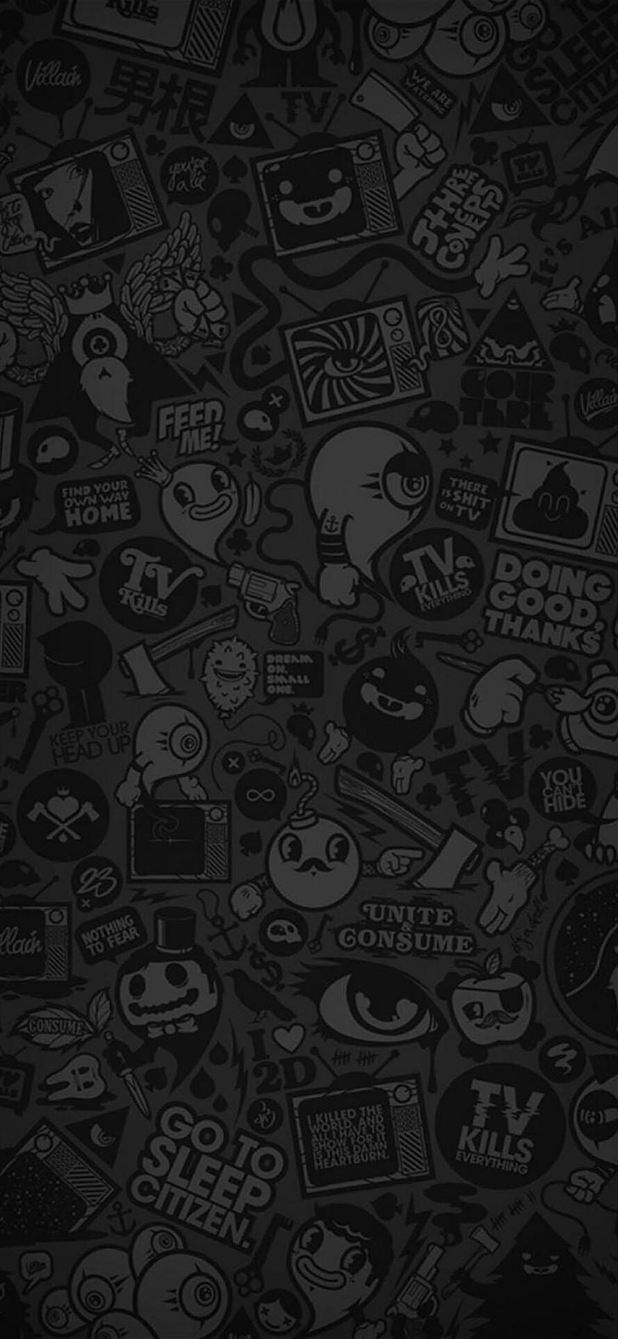 Dark Doodle Art Pattern with TV Kills Everything and Go To Sleep Citizen Slogans HD phone wallpaper