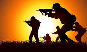 Silhouetted soldiers advancing with rifles against a dramatic sunset sky HD wallpaper