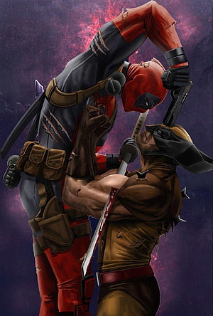 Deadpool and Wolverine Intense Combat Scene with Swords and Guns HD phone wallpaper