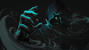 Omen from Valorant in Dark Teal Digital Art with Swirling Mist and Glowing Hand HD wallpaper
