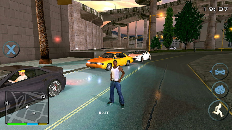 GTA San Andreas Mobile Gameplay Screenshot with Character and Cars on Urban Street HD wallpaper