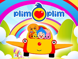 Plim Plim Cartoon Characters Riding in a Colorful Airplane Under a Rainbow HD wallpaper