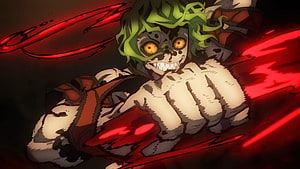 Gyutaro Demon Slayer Anime Character with Green Hair and Red Aura HD wallpaper