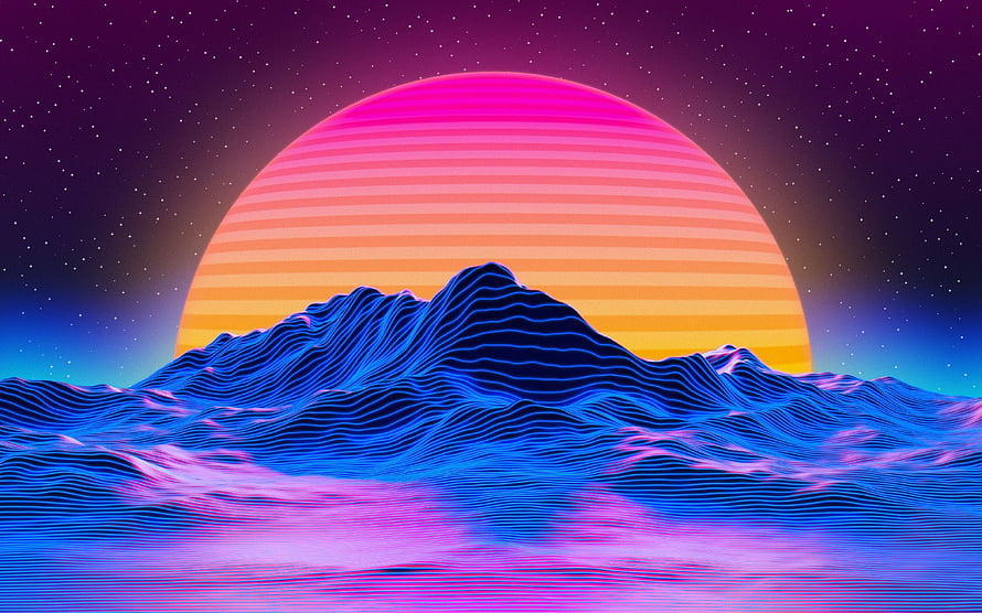 Retro Synthwave Sunset Over Neon Wireframe Mountains and Starry Night Sky HD wallpaper