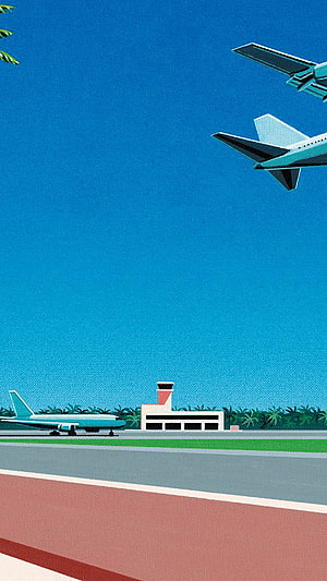 Hiroshi Nagai Tropical Airport Illustration with Airplanes and Control Tower HD phone wallpaper