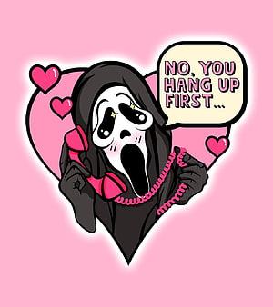 Cute Ghostface Holding Pink Telephone in Heart Frame with Speech Bubble HD phone wallpaper