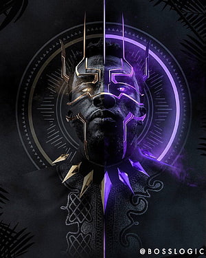 Black Panther T'Challa Dual Identity Portrait with Gold and Purple Accents HD phone wallpaper
