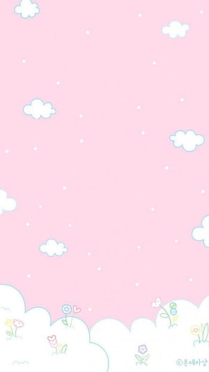 Cute Pastel Pink Sky with Fluffy Clouds and Tiny Flowers Kawaii Aesthetic HD phone wallpaper