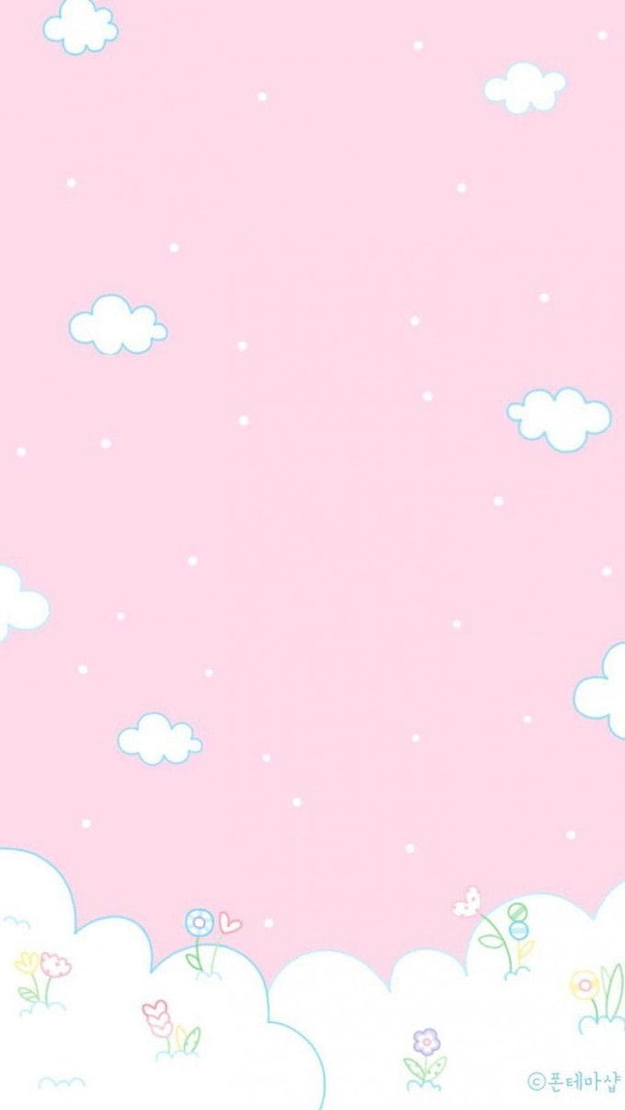 Cute Pastel Pink Sky with Fluffy Clouds and Tiny Flowers Kawaii Aesthetic HD phone wallpaper
