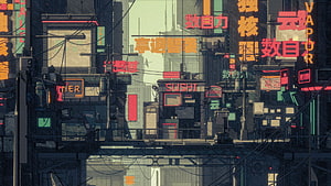 Neon-Lit Cyberpunk Cityscape with Japanese Signage and Dense Urban Architecture HD wallpaper