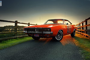 General Lee Orange Dodge Charger Classic Muscle Car on Country Road at Sunset HD wallpaper