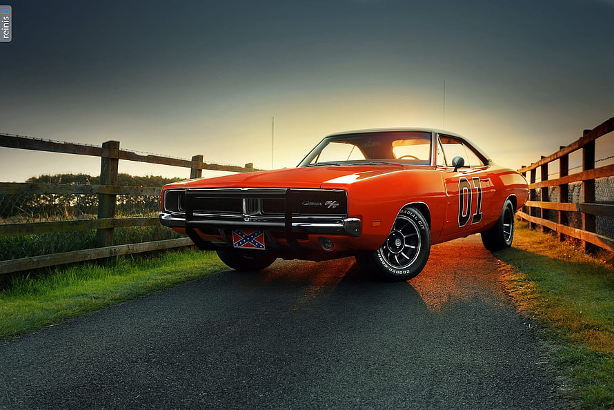 General Lee Orange Dodge Charger Classic Muscle Car on Country Road at Sunset HD wallpaper