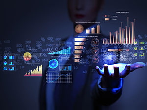Business Professional Interacting with Holographic Financial Data Dashboard and Analytics Charts HD wallpaper