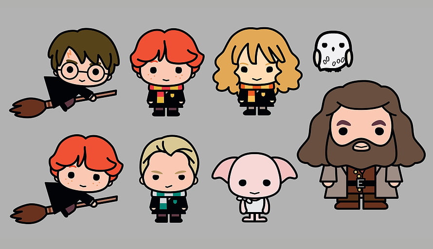 Cute Chibi Harry Potter Characters Including Dobby and Hagrid in Kawaii Style HD wallpaper