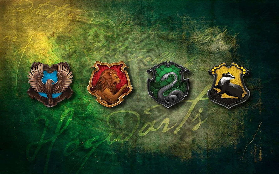 Harry Potter Hogwarts House Crests on Textured Green Background HD wallpaper